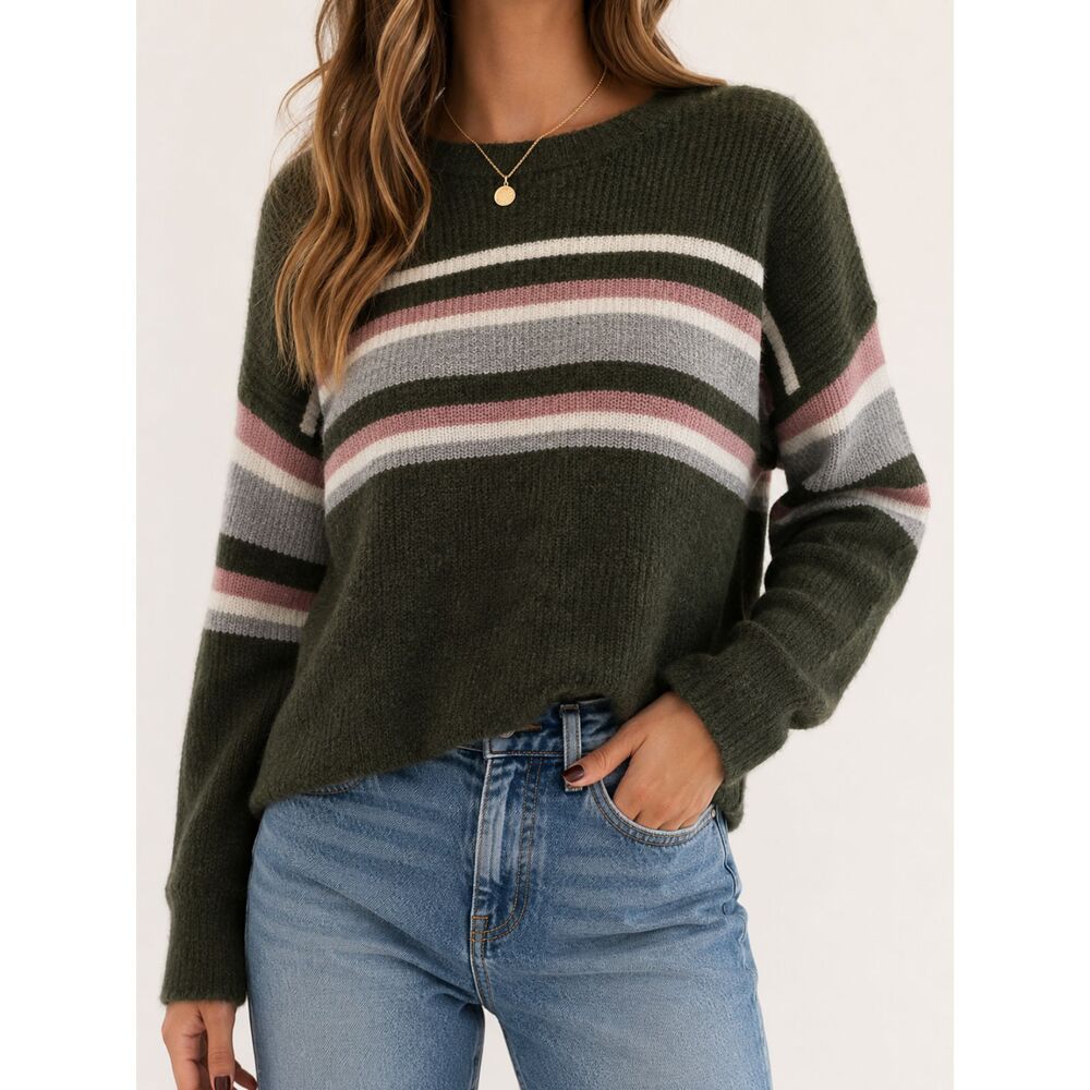 Pink Rose Green Striped Fuzzy Sweater Small Soft Girl Coquette Y2K Preppy
